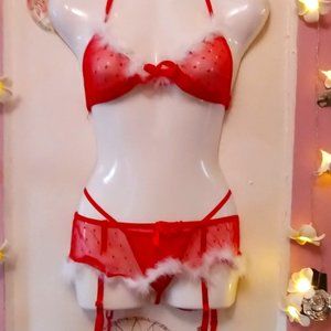 Polkadot Mesh (S) Feather Trimmed Holiday Lingerie Set - NWOT